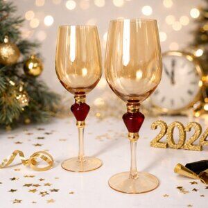 Pier 1 Amber Wine Glasses Set of 2 VTG Elegant Holiday Goblets Bar Cart Decor